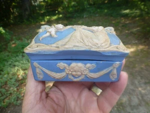 Antique Bisque Porcelain Ceramic Cameo Trinket Box Cherub Woman with Lyre Relief - Picture 1 of 7