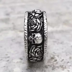 Handcrafted 925 Sterling Silver Skull and Roses Ring - Gothic Hammered Band - Picture 1 of 8