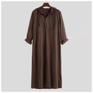 Mens Saudi Jubba Dishdasha Muslim Long Sleeve Hooded Kaftan Cotton Maxi Thobe - Picture 1 of 17