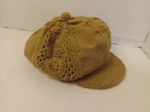 Vintage Boho Hat Patchwork Crocheted & Suede Newsboy Cap Tan Very Cute - Picture 1 of 6