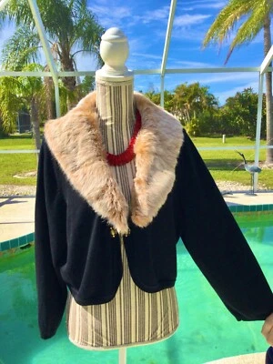 INC Black DRAMATIC 100% Fur collar STRETCHY Silk/Cashmere Cardigan 1X WORN ONCE - Image 1 of 4