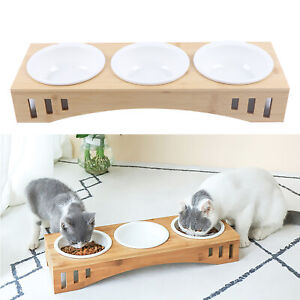 3 Bowls Pet Dog Cat Feeder Bowls Bamboo Ceramic Food Water Elevated Stand Dish