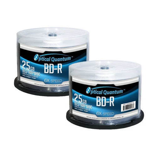 100 Optical Quantum 6x 25GB Blu-ray BD-R Shiny Silver Blank Disc OQBDR06ST-50 - Image 1 of 1