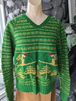 Vtg Handknit Fair Isle Wool Sweater V-Neck Skier Skiing Trees Holiday Apre Ski M - Image 1 of 4