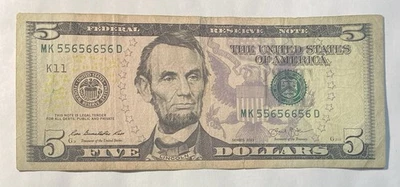 2013 $5 Note Binary Serial Number 55656656 Rare 99.2% Coolness Rating - Image 1 of 3