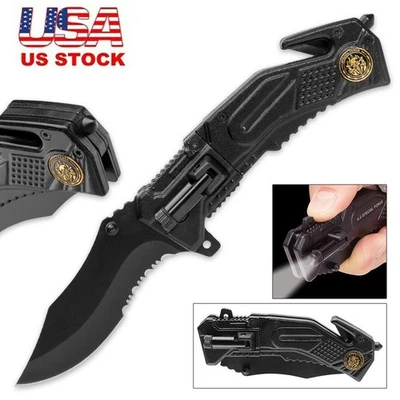 Army Spring Assisted Tactical Rescue Folding Pocket Knife with LED Flashlight - Image 1 of 4