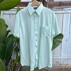 Vintage 90s Blair Mint Green Striped Short Sleeve Button Up Shirt XL - Picture 1 of 3