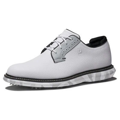 Tênis de golfe masculino FootJoy Traditions Blucher 57953 branco/cinza/camuflagem - Imagem 1 de 4