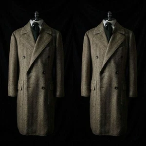 Herringbone Men Long Overcoat Double Breasted Wide Lapel Business Tweed Overcoat - Picture 1 of 7
