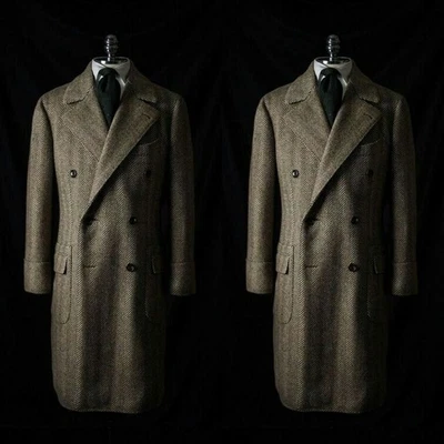 Herringbone Men Long Overcoat Double Breasted Wide Lapel Business Tweed Overcoat - Image 1 of 4