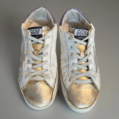 Golden Goose Superstar Women's Leather White Gold Purple Sneakers  Size 7  EU 37 - Image 1 of 4