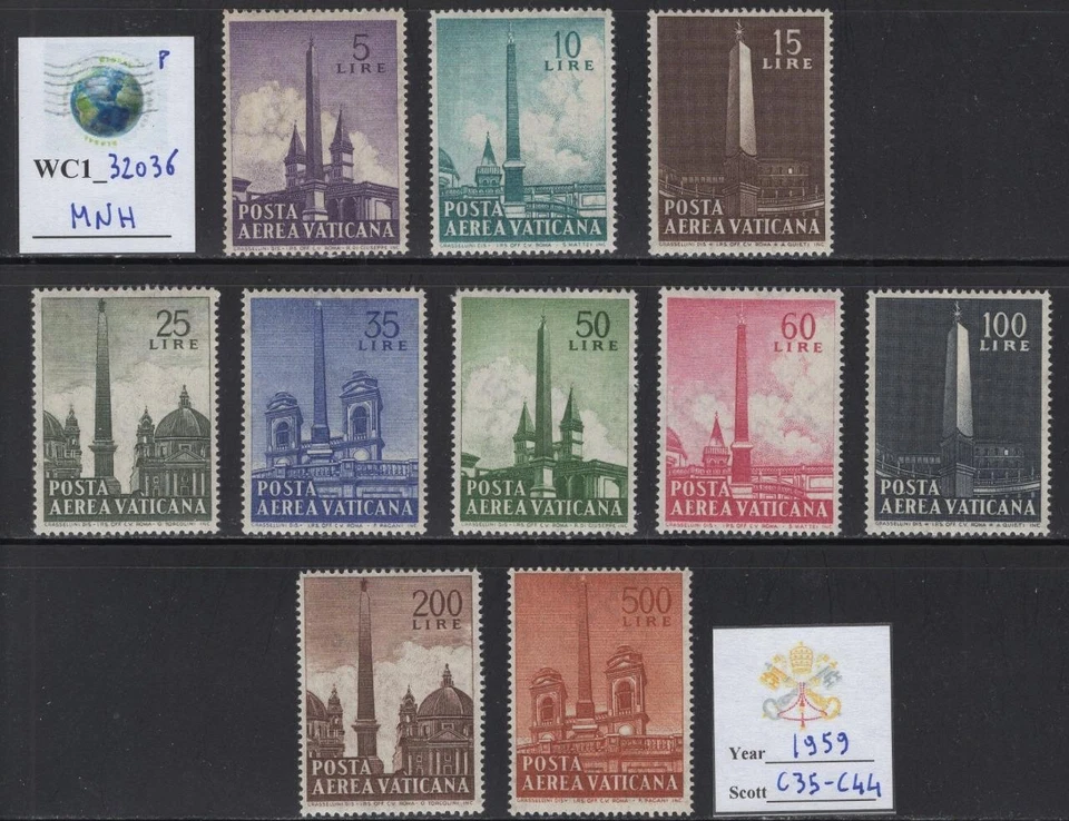 WC1_32036_P. VATICANO. Juego de correo aéreo obeliscos 1959. Sc.C35-C44. MNH Foto 1 de 1