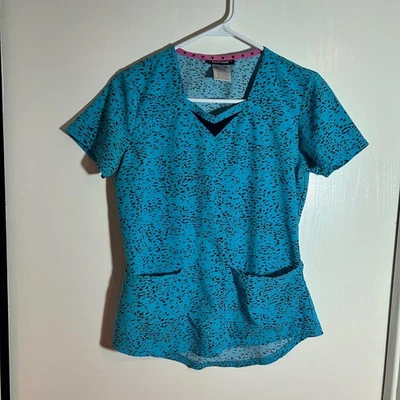 Heartsoul Scrubs Top XS Teal Blue Black Print Medical Nurse Healthcare - Image 1 of 4