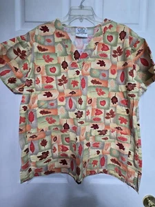 Crest Scrub Top Size M-VIBRANT Orange/Green/Brown Autumn Leaves-Chest 24"/L 27" - Picture 1 of 4