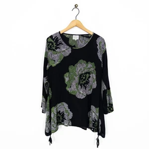 Masai Black Green Floral Tunic Blouse Size M 12 14 Lagenlook A Shape - Picture 1 of 18