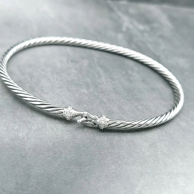 David Yurman 3mm Classic Cable Sterling Silver Diamond Buckle Bangle Bracelet - Image 1 of 4