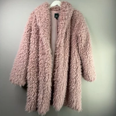 Women’s Faux Fur Teddy Bear Jacket Coat Pink Sz M Open Front Mob Wife Boho - Image 1 of 4