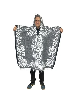 MEXICAN PONCHO WITH HOOD, SAN JUDAS , SAINT JUDE , BLANKET, ONE SIZE, GRAY - Image 1 of 3