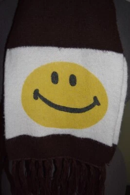 VTG 1970s Smiley Face Winter Scarf Acrylic Fringe Happy USA Brown Yellow 60" - Image 1 of 4