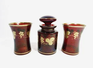 Ruby Red Bohemian Glass Jar & Cups Set – Barware Set Gilded Gold Grapevine Vtn - Picture 1 of 10