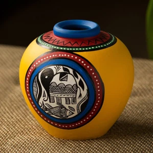 Earthenware Madhubani Handpainted Matki Shaped Terracotta Vase for Decor 6 Inch - Picture 1 of 12