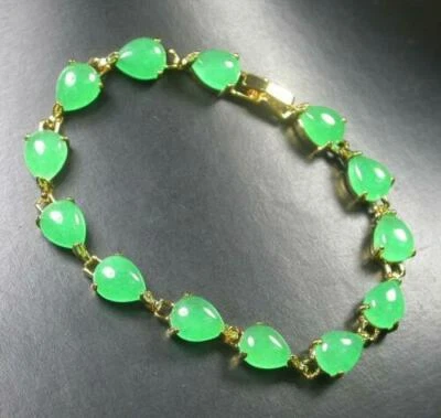 Green Jade Teardrop Cabochon Beads Yellow Gold Plated Link Clasp Bangle Bracelet - Image 1 of 3