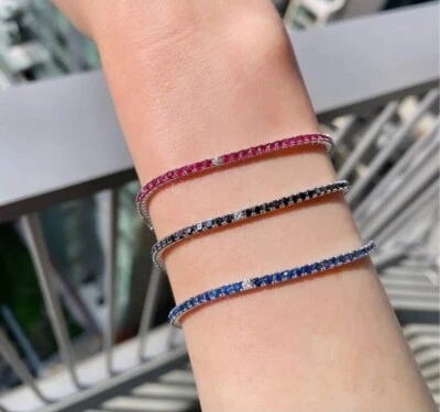 18K Gold Plated Tennis Bracelet Sapphire Diamond September Birthstone Bracelet - Image 1 of 4