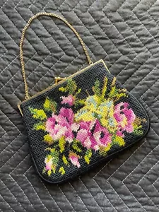 Kurt Chambre Vintage 50s 60s Wool Floral Needlepoint Custom Made Purse Handbag - Picture 1 of 3