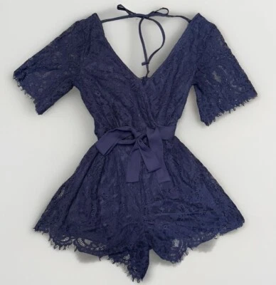 Women’s Flutter Sleeve Floral Lace Navy Blue Deep V-Neck Mini Romper Size S - Image 1 of 4