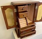Large Wooden Musical Jewelry Box Vintage Necklaces Rings Glass Panels Mirror EUC