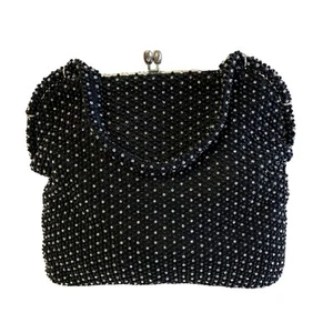 60’s Lumuned Corde Bead Handbag Black Beaded MOD Cocktail Purse RETRO Satchel - Picture 1 of 9