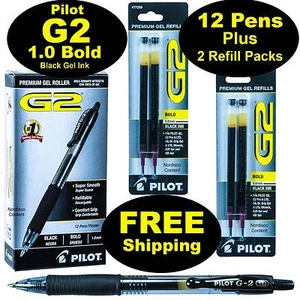 1 Dz 31256 Pilot G2 Bold 1.0 mm Black Gel Ink Pens With 2 Packs of Refills - Picture 1 of 1