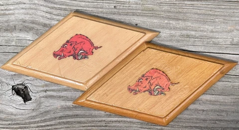 Vintage 1973 Arkansas Razorbacks Wood Plaque Wall Decor 3”x6” Pair Cover