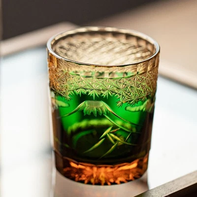 Whiskey Glasses EDO Kiriko Glassware Glass Tumbler Fuji Mountain 9oz Green - Image 1 of 4