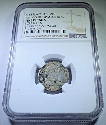 NGC Azores 120 Reis Contramarca 1774 Plata Española 1 Real Moneda Antigua Años 1700 Foto 1 de 2