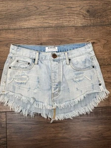 One Teaspoon Junk Yard Low Rise Distressed Curved Hem Mini Jean Skirt Sz 24 0 - Picture 1 of 6