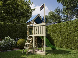 Spielturm Spielhaus Kinderspielhaus Holz mit Kletterwand Rutsche grün Sandkasten - Bild 1 von 9