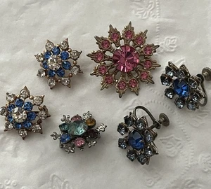 Vintage Rhinestone Snowflake Starburst Pin Brooch Earrings Lot Nice - Picture 1 of 12