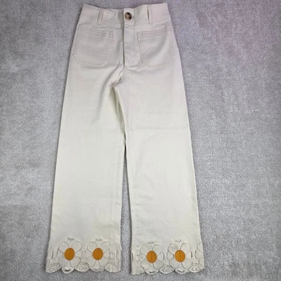 Maeve Anthropologie Colette Cream  Wide Leg Cropped Pants Size 27 Floral Hem - Image 1 of 4