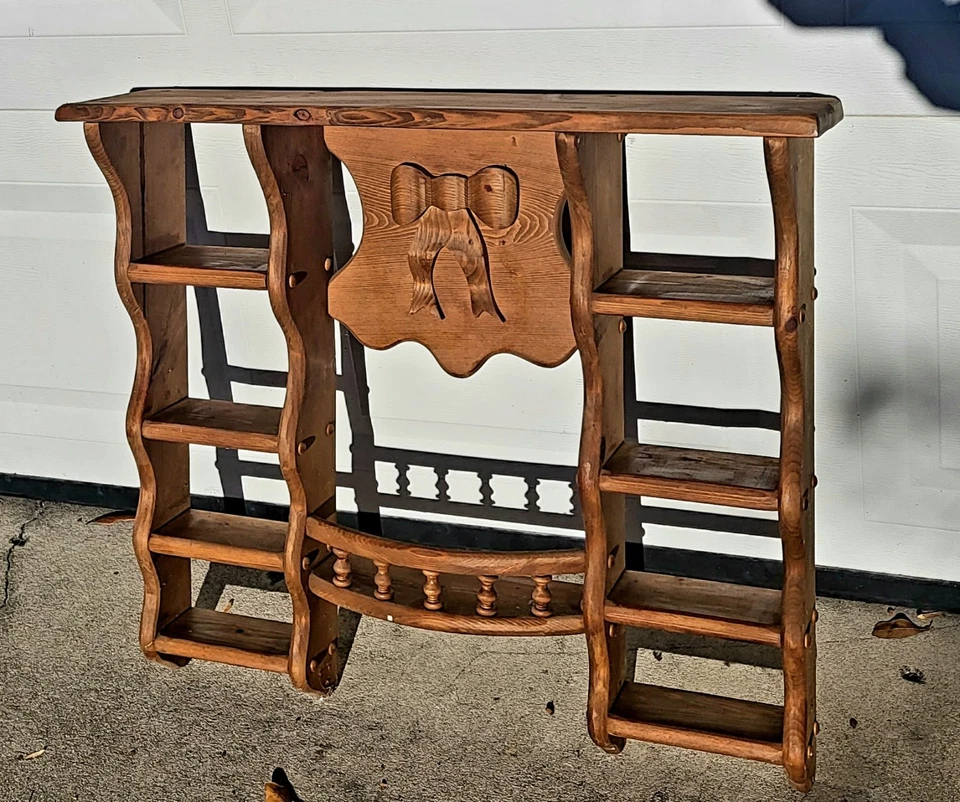 Vintage Solid Wood Tiered Display Shelf Trinket With BOW Wall Hung Whatnot  - Image 1 of 4