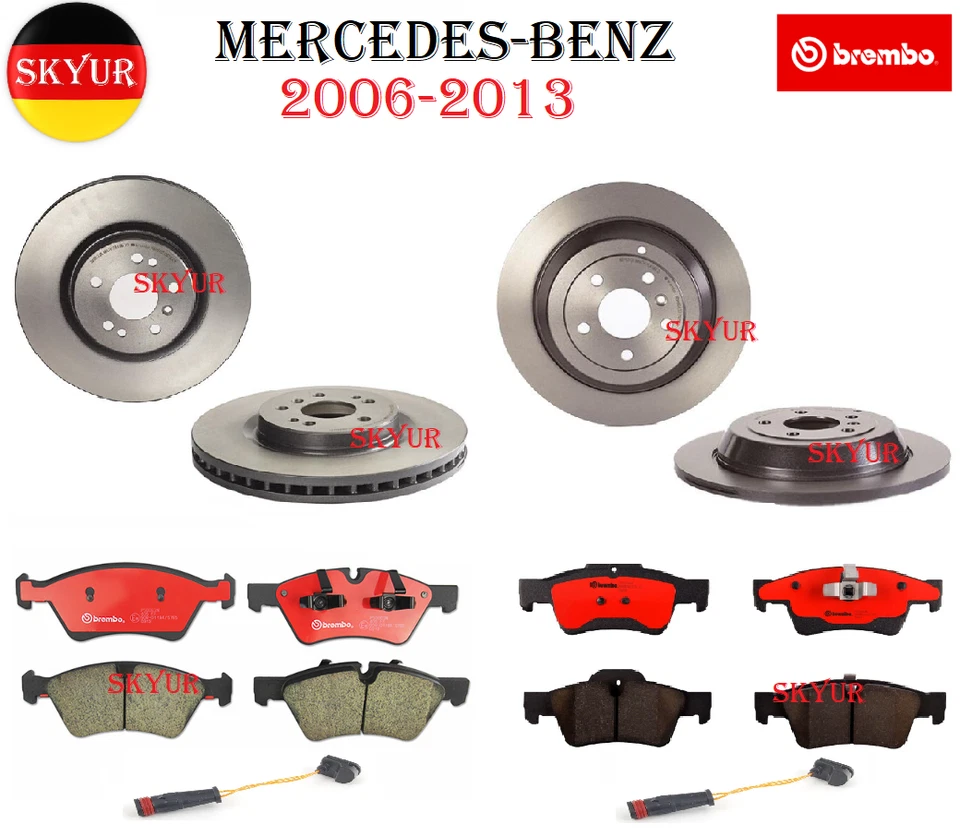 Rotores dianteiros e traseiros com conjuntos de pastilhas de freio e sensores para 2006-2013 Mercedes-Benz BREMBO - Imagem 1 de 4