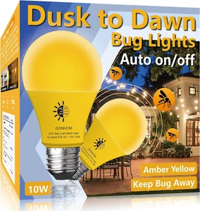 2 Pack A19 Dusk to Dawn Bug Light Bulb Outdoor, Amber Bug Light Bulb,Auto On/Off - Picture 1 of 6