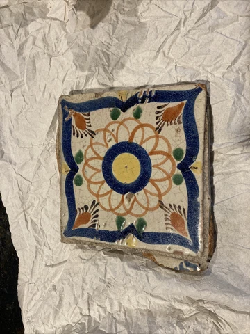Antique Polychrom Ceramic Redware Tile Glazed Terracotta 6”x6” Majolica Morrocan Cover