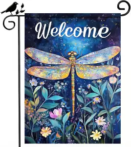 Summer Spring Flower Garden Flag Dragonfly Floral Welcome Small Yard Flag Burlap - Picture 1 of 6