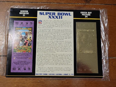 SUPER BOWL XXXII 32 Denver Broncos vs GB Packers 22KT GOLD TICKET STAT CARD Cover
