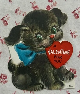 Linda tarjeta de San Valentín troquelada vintage de los años 50 cachorro perro para niños - Imagen 1 de 2