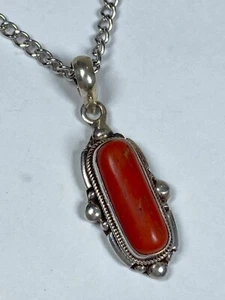 925 Sterling Silver & Natural Red Coral Pendant Necklace - 12.65g / 23-1/2" - Picture 1 of 9