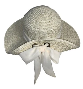 NINE WEST WOVEN NATURAL STRAW WIDE BRIM FLOPPY BEACH IVORY SUN HAT SCARF BOW - Picture 1 of 17