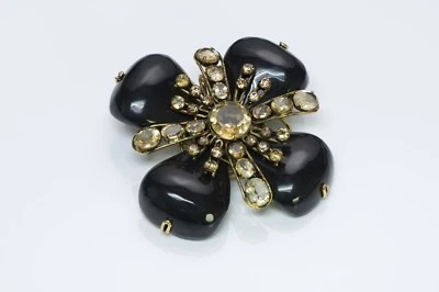 BOUNKIT Gold Plated Onyx Citrine Black Flower Brooch Pendant - Image 1 of 4