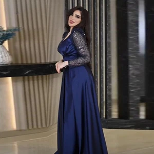 Abiti da sera scollo a V blu A-Line paillettes maniche lunghe ballo matrimonio festa abito - Foto 1 di 24